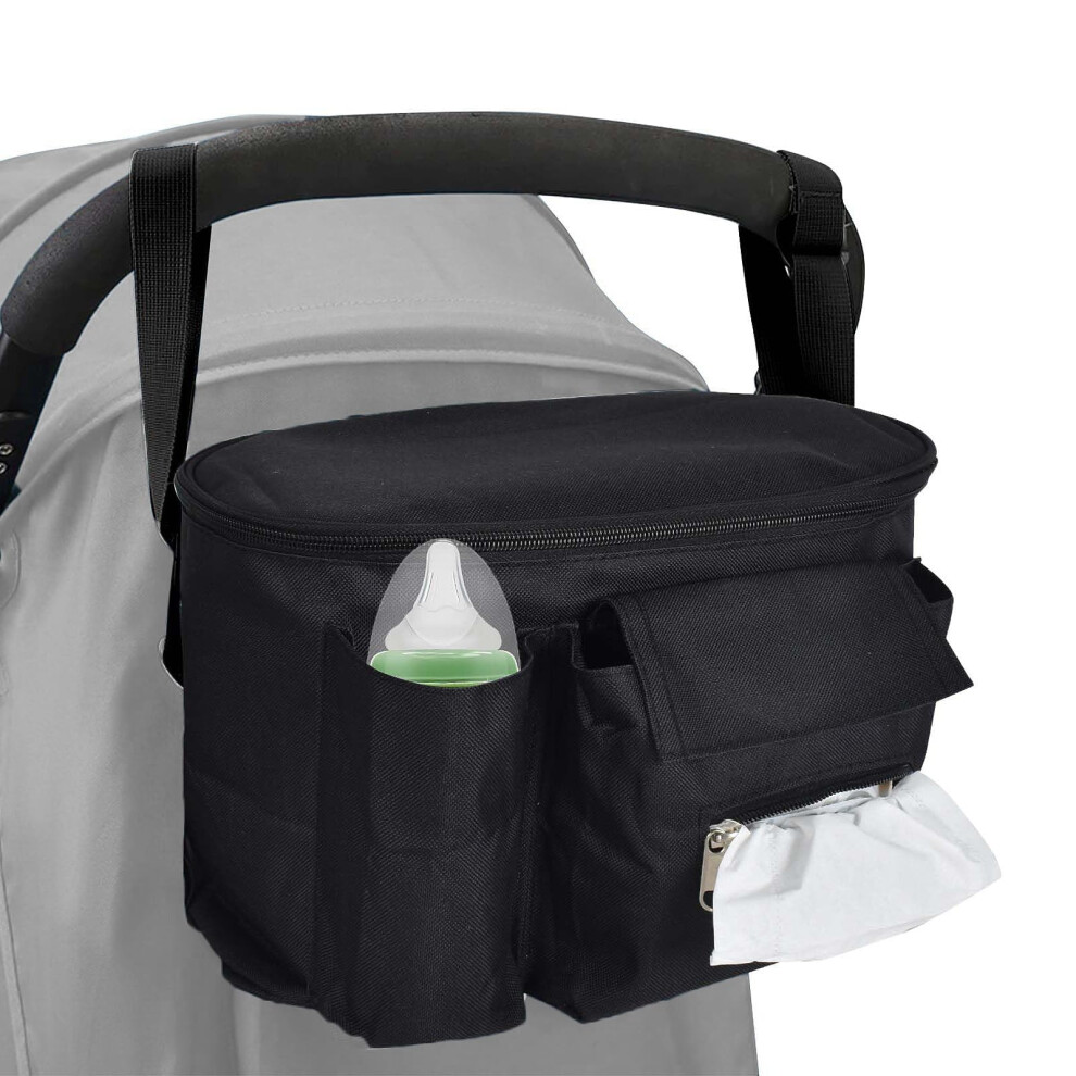 Universal Baby Stroller Organizer With Insulated Cup Holder & Adjustable Straps Pram Bag For Buggy Handlebar Fits Most Strollers (Black) Black Baycat