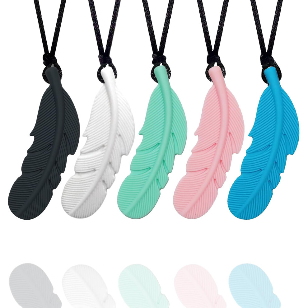 Sensory Chew Necklace, 5 Pack Silicone Anxiety Relief Chewy Buddy Toys For Autistic Children, Oral Motor, Autism Adhd Spd (Feather Shape) Fitulabo