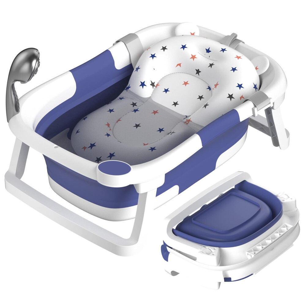 Baby Bath Tub Foldable,Portable Bath Newborn To Toddler With Non-Slip Mat,Drain Hole,No Thermometer, Blue Rabb 1St