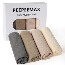 Peepeemax Muslin Cloths for Baby 50x25cm, 4 Pack 100% Cotton Muslin Squares, Soft Absorbent & Breathable Burp Cloths for Newborn Baby Boys & Girls, N