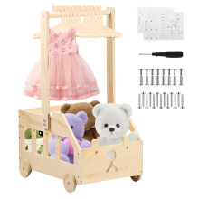 Baby Shower Crate Closet with Wheels Wooden Baby Basket with 10 Hangers Wooden Baby Toys Storage Crate Hamper Bear Shape Clothes Rack for Shoes Books