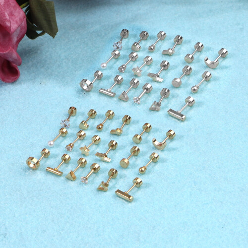 Brincos hipoalergênicos com base plana, conjunto de 18 pares de brincos de estrela, lua, triângulo e bolinha. 1