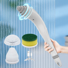 Cepillo eléctrico de mano karymi con 3 cabezales, potencia ajustable, compatible con baño, suelo y azulejos, color blanco.