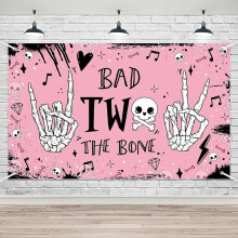 Lofaris Bad Two The Bone-banner for jenter, Happy2nd bursdagsfestpynt, rock n roll-hodeskallebakgrunn, Born to Rock 90-talls temafestdekor