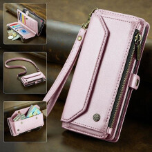 (Compatibil cu Samsung A53 5G) Portofel mobil CaseMe Cross Body cu sloturi pentru carduri și buzunar cu fermoar, protecție anti-coliziune roz