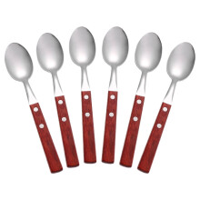 6-teiliges westliches Speiselöffel-Set mit Holzgriffen, Rührlöffeln, Dessertlöffeln, Kaffeelöffeln, Puddinglöffeln, Edelstahl, Bohnenlöffeln,