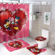 Mickey4Pcs-perheen suihkuverhosetti liukumattomilla matoilla, wc-suojuksella ja kylpymatolla, vedenpitävät verhot (72x72 tuumaa) + 12 koukkua