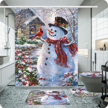 Schneemann-Duschvorhang-Set mit rutschfesten Teppichen, Badematte, WC-Deckel und 12 Haken – 4-teiliges Badezimmer-Dekor