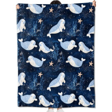 Niedliche Seekuh-Decke mit Ozeanmotiv, weiche blau-weiße Kuscheldecke für Kinder, Mädchen und Frauen – 152 x 127 cm, leicht und stilvoll, für