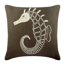 Federa per cuscino Euro Sham marrone 26x26 pollici in lino con motivi di creature marine, cavalluccio marino e perle in stile spiaggia - Cavalluccio
