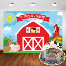Bondegårdsbaggrund 7x5ft til børnefødselsdagsfest, kompatibel med Red Barn bondegårdsdyrsdekoration, tegneseriedyr, fødselsdagsbanner til