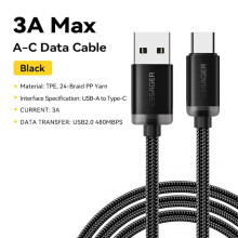 Cabo USB Tipo C Essager3A, compatível com iPhone 15, Samsung e Xiaomi - Cabo de carregamento rápido e transferência de dados, preto, 3 m