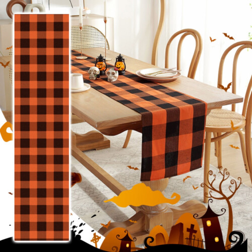 Τραπεζομάντιλο Halloween Πορτοκαλί Μαύρο Καρό Λινό - Διακόσμηση Κουζίνας Αγροικίας