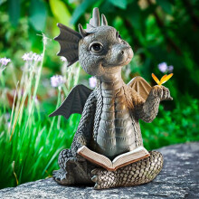 Schattig draakje dat een boek leest, beeldje van hars, tuindraakje, cadeau voor gazon, tuin, terras of als decoratie in huis.