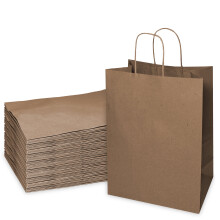 Lot de 50 petits sacs en papier kraft brun avec poignées, 25 x 12,5 x 33 cm - Qualité écologique, parfaits pour les courses, les cadeaux, les