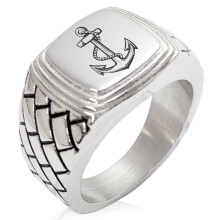 Roestvrijstalen Mariner ring met geometrisch ankerpatroon, trapsgewijs aflopend ontwerp, CZ-stijl, gepolijst.