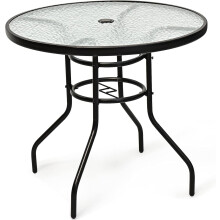 Outdoor Bistro Table with Umbrella Hole 32'' Round Patio Table Tempered Glass Top & Metal Frame Garden Dining Table