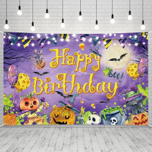 Halloween-fødselsdagsbanner - 71x45 tommer græskar- og flagermuse-baggrund til Halloween-temafestdekorationer, kompatibel med