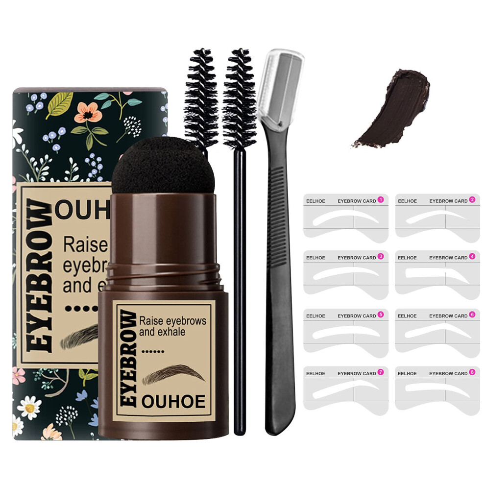 Dark/Brown Eyebrow Stamp Kit With 10 Reusable Stencils And Razors, Waterproof Long Lasting Brow Powder