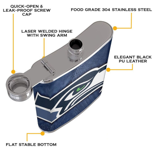 Seahawks Flagon Hip Flask8oz, Ανοξείδωτο ατσάλι και δέρμα κατάλληλο για τρόφιμα, Συμβατό με 2