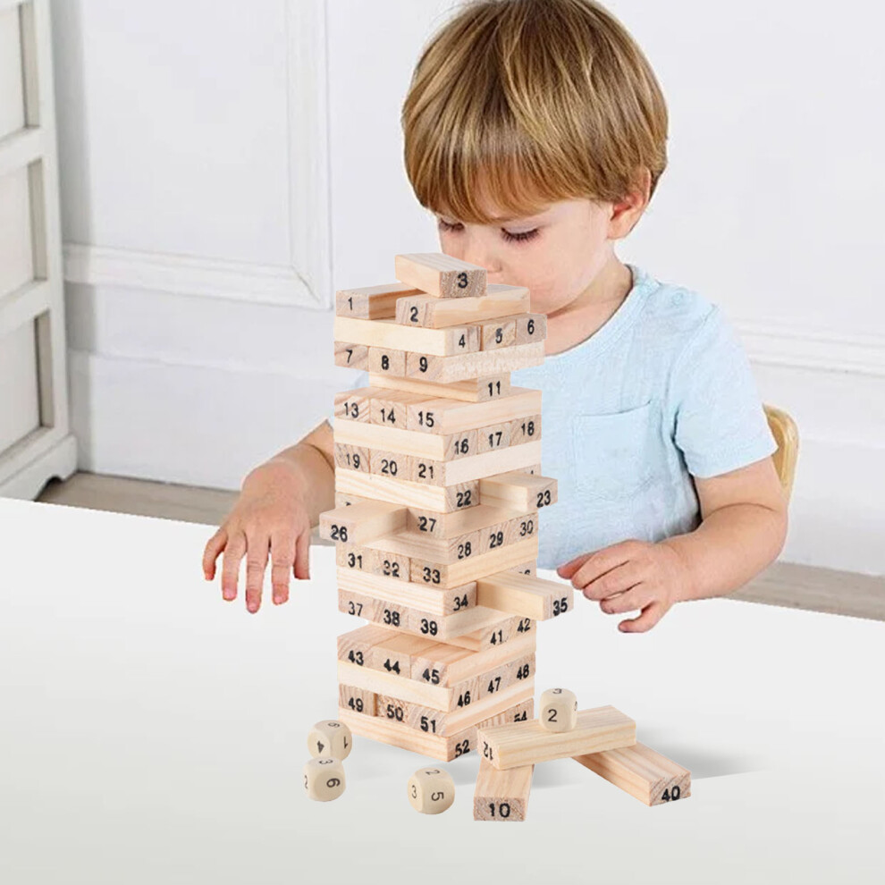 54 pcs Wooden Block Stacking Game with Dice, Develop Logic & Number Skills