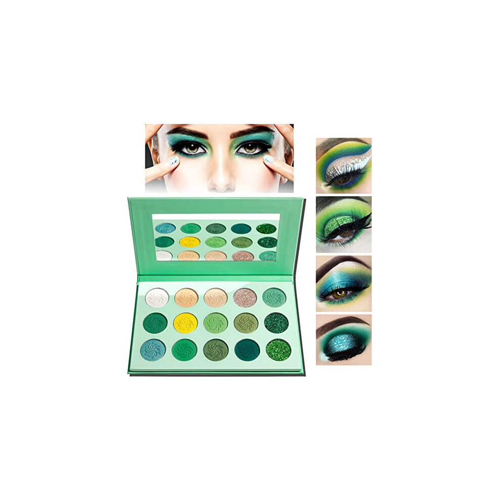 Green Eyeshadow Palette 15 Colors Matte Shimmer Glitter Pigment Longwear Waterproof