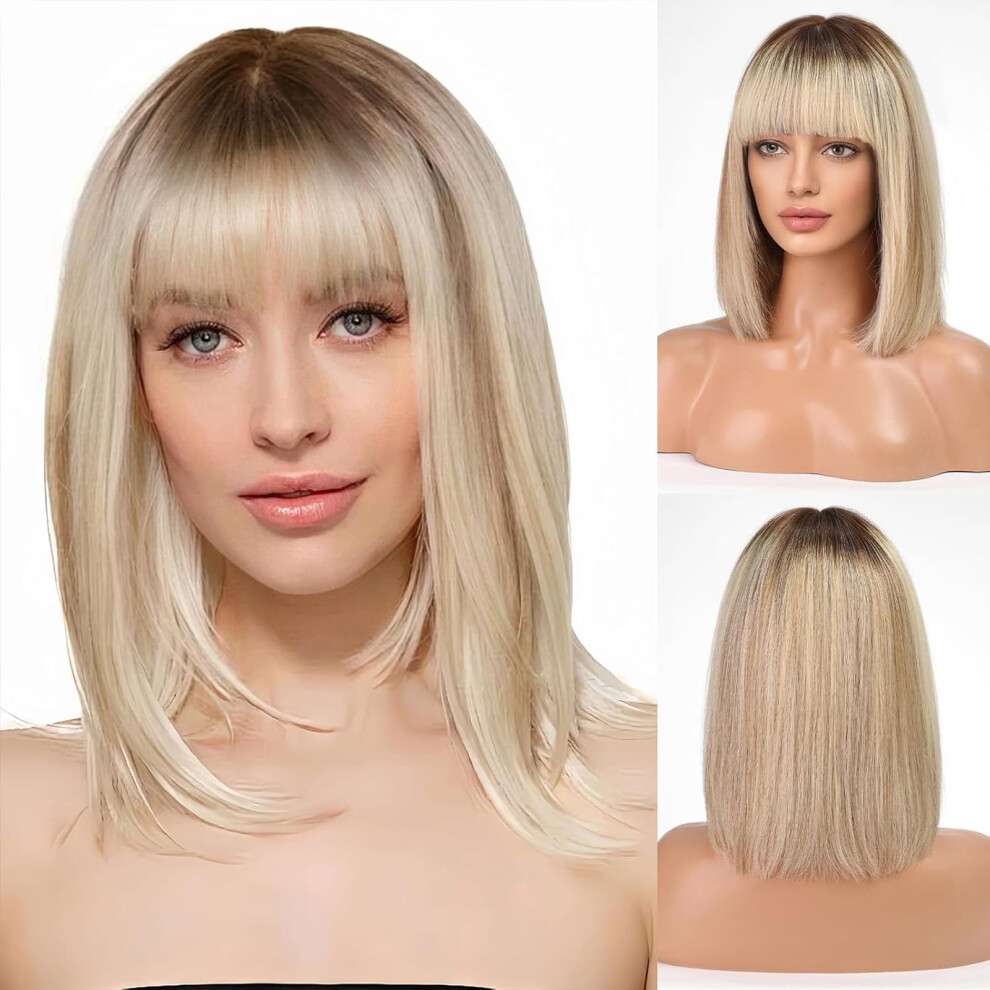 100% Human Hair Bob Wig with Bangs Ombre Blonde Shoulder Length 150% Density Natural Look