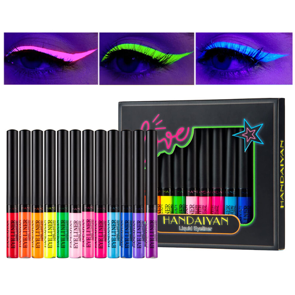 Neon Eyeliner Set 12 Colors UV Glow Waterproof Long Wear Rainbow Matte Pencils in Gift Box