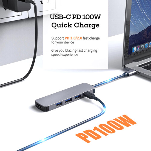 SUSUchensΒάση σύνδεσης USB Hub 5 σε 1, 4K30Hz, τροφοδοτικό 100W, μετάδοση υψηλής ταχύτητας, 2