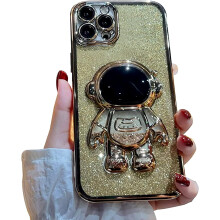 Carcasă 6D Bling Astronaut compatibilă cu iPhone 12Pro, design cu nisipuri mișcătoare aurii cu sclipici lichid pentru femei, model fix cu model