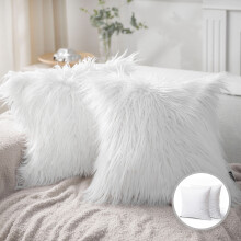 Luxury Mongolian Fluffy Faux Fur Series Square Decorative Throw Pillow Cusion for Couch, 20" x 20", True White, 2 Pack