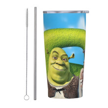 Shrek 20OZ Becher, Edelstahl, vakuumisoliert, Reisebecher mit Strohhalm für Heißgetränke, Eistee und Kaffee