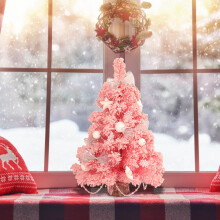 VALSEEL Kleiner rosa beflockter PVC-Weihnachtsbaum mit Lichterkette, Perlenkette und Holzsockel - Mini-Tischdekoration