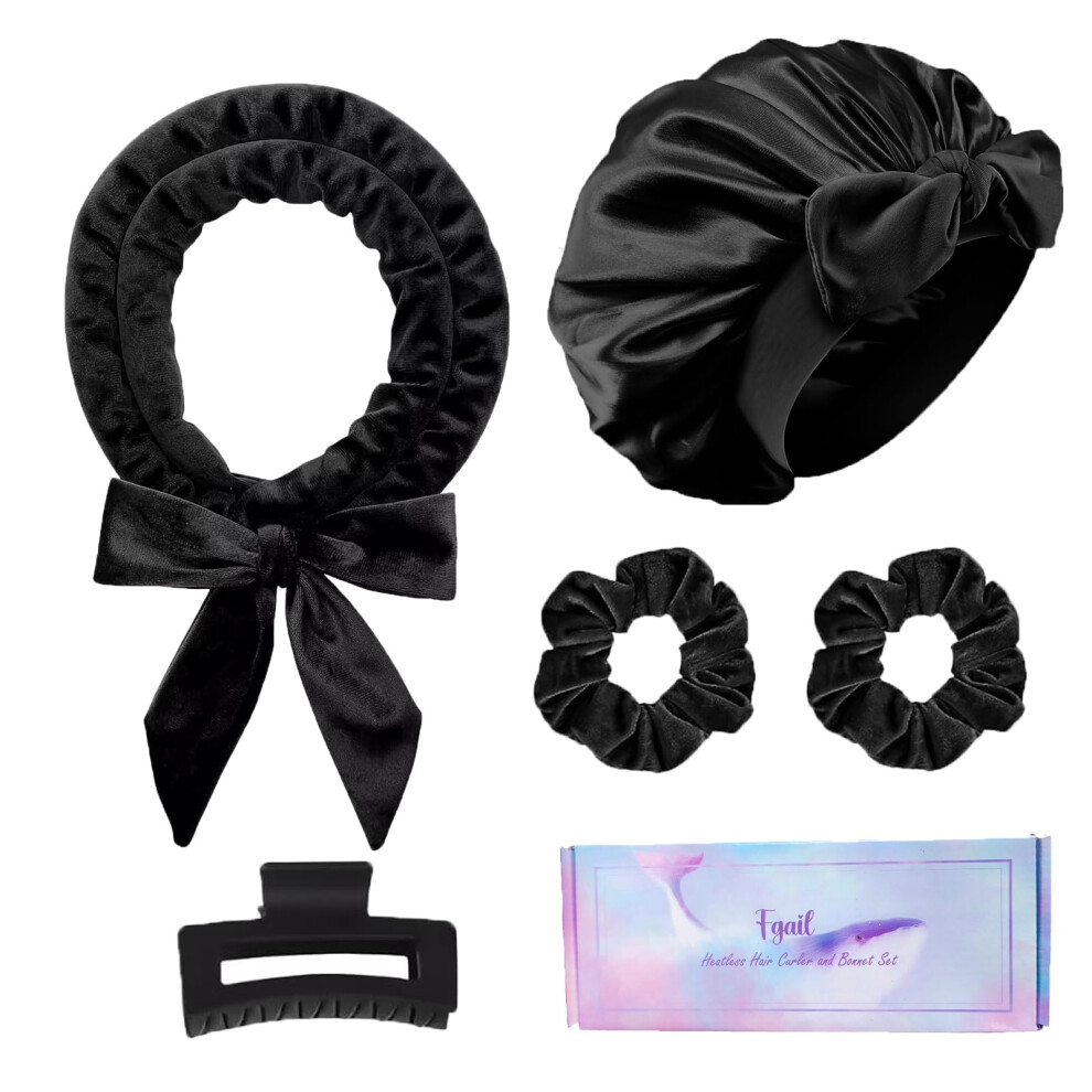 Black Heatless Hair Curler With Doublelayer Silk Bonnet For Overnight Frizz Waves,
