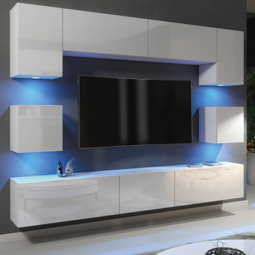 TV Unit Panorama Wall - White with Gloss Doors and LED Lights