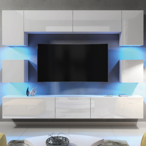 TV Unit Panorama Wall - White with Gloss Doors and LED Lights 2
