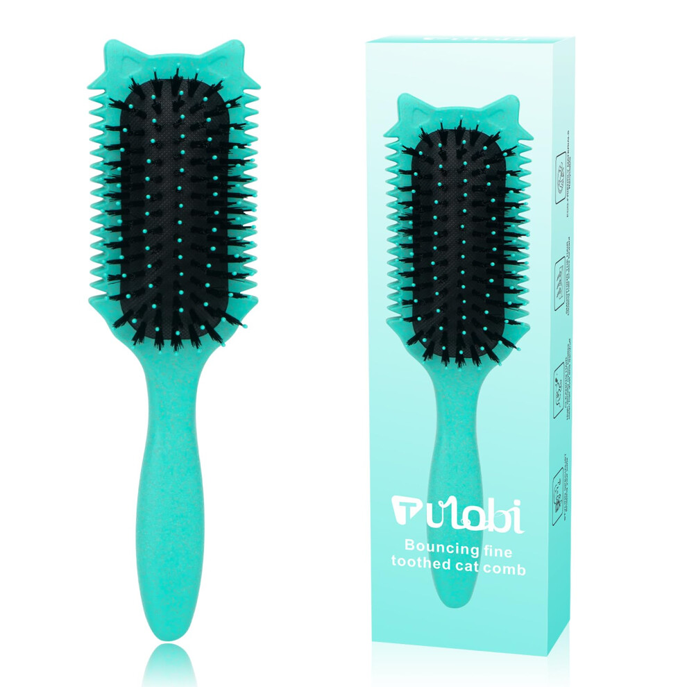 Green Curl Defining Brush For Waves And Coils, Antifrizz Curly Hair Brush With Root Lift, Cat Ear