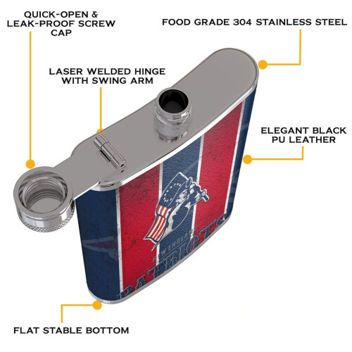 Patriots Flagon Hip Flask8oz, Ανοξείδωτο ατσάλι και δέρμα κατάλληλο για τρόφιμα, Φορητό για 2