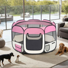 Parque para cães e filhotes tectake, em poliéster rosa claro.