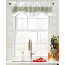 Cortina de janela com textura de listras verde-sálvia para sala de estar e cozinha, com amarração para armário, bandô com bolso para varão.
