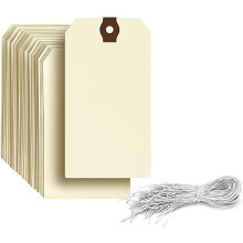 Bonison 100 Pcs Manila Shipping Tags with Strings, 2 3/4" x 1 3/8", Double Layer Eyelets, Reusable Hang Tags with Rubber Bands