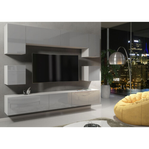 TV Unit Panorama Wall - White & Grey Gloss Doors 1