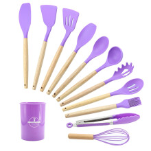 JeashCHAT Set de 12 ustensile de gătit din silicon cu mânere din lemn, rezistente la căldură și fără BPA, compatibile cu vase antiaderente,