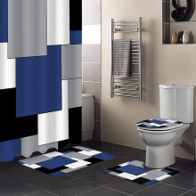 Juego de 4 piezas de cortina de ducha geométrica azul con alfombras antideslizantes, funda para inodoro y alfombrilla de baño, decoración de baño