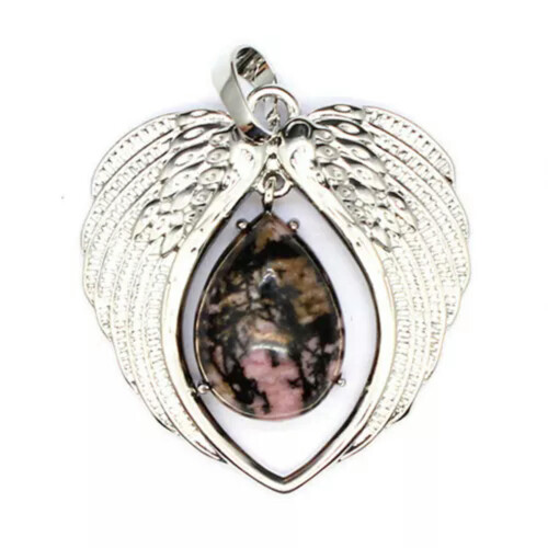 RSAMD Μενταγιόν Angel Wing με φυσικό κρύσταλλο, καρδιά, πέτρα τσάκρα, χαλαζία, οβάλ