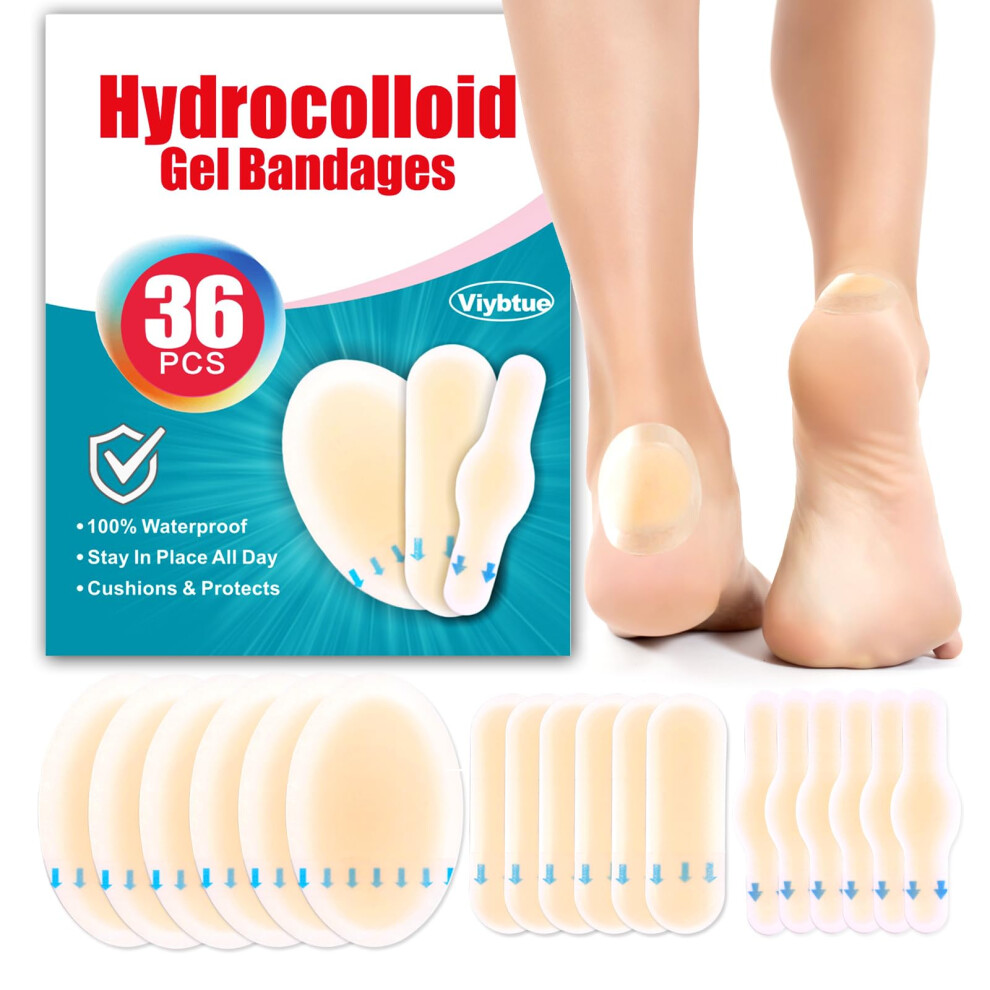 Viybtue 36Pcs Hydrocolloid Blister Bandages ? Blister Bandages For Feet, Blister Prevention & Recovery ? Waterproof Blister Pads & Blister Cushions For Heel,