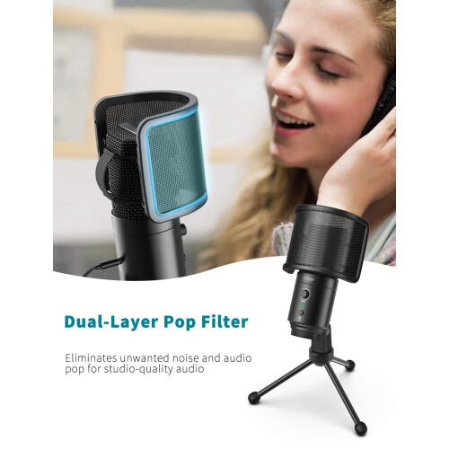FIFINE FIFINE USB Desktop PC Microphone with Pop Filter for Computer and Mac, Studio Condenser Mic with Gain Knob Mute Button Headphone Jack for Gaming 2