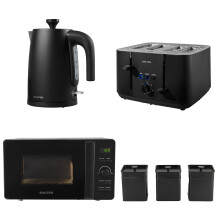 Salter COMBO-8857 Kuro Kettle Toaster Microwave Set ? With Storage Canisters, Tea/Coffee/Sugar Tins, 1.7L Fast Boil Kettle, 4-Slice Toaster,