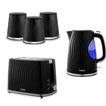 Tower Sonar Black 1.7L 3KW Kettle, 2 Slice Toaster and Tea, Coffee, Sugar Canisters. Stylish Matching Kitchen Set of 5 in Black, Embossed with a