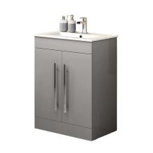 iBathUK Avon Vanity Unit with Basin, Slim Edge Ceramic Wash Basin for Bathroom Furniture, Storage Cabinet with 2 Doors- Gloss Light Grey (Flat Pack)